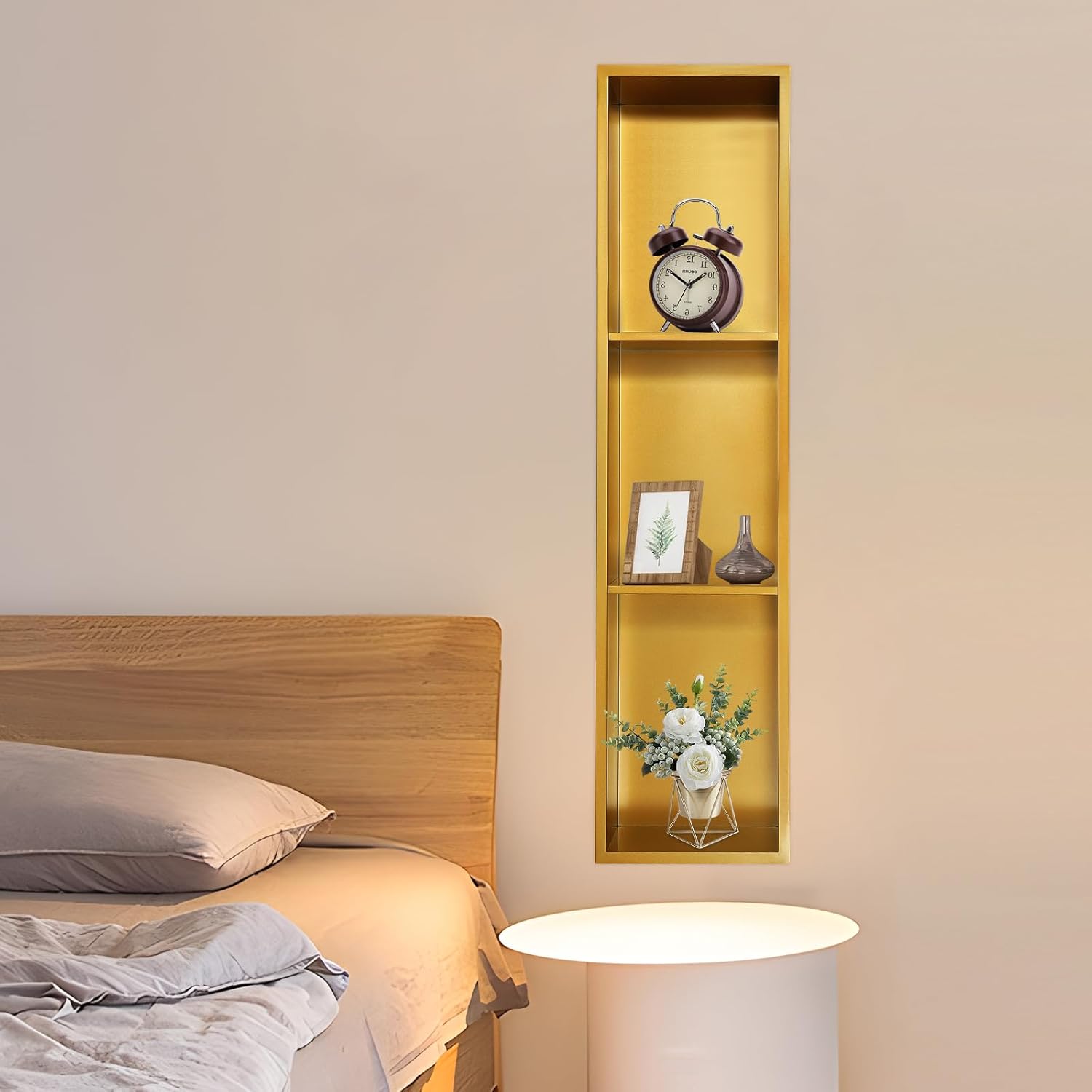 Stainless Steel Shower Niche 8" X 30", No Tile Needed Wall Niche Three-Tier Shelves, Recessed Niche Shower for Bathroom Storage (Gold)