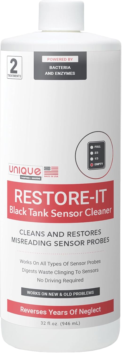 Unique Restore-It RV Black Tank Sensor Cleaner Liquid - Cleans and Restore Misreading Sensor Probes by Removing Stuck-On Waste - 2 Treatments Per Bottle (32 oz)