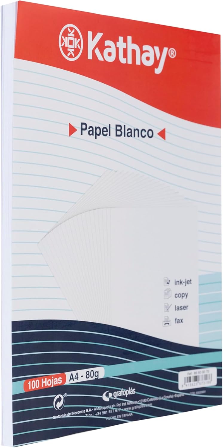 Kathay 86600070 Pack of White Paper Sheets, A4, 80 g, Suitable for Printers, Ink-Jet, Copy, Laser and Fax, 100 Count (Pack of 1)