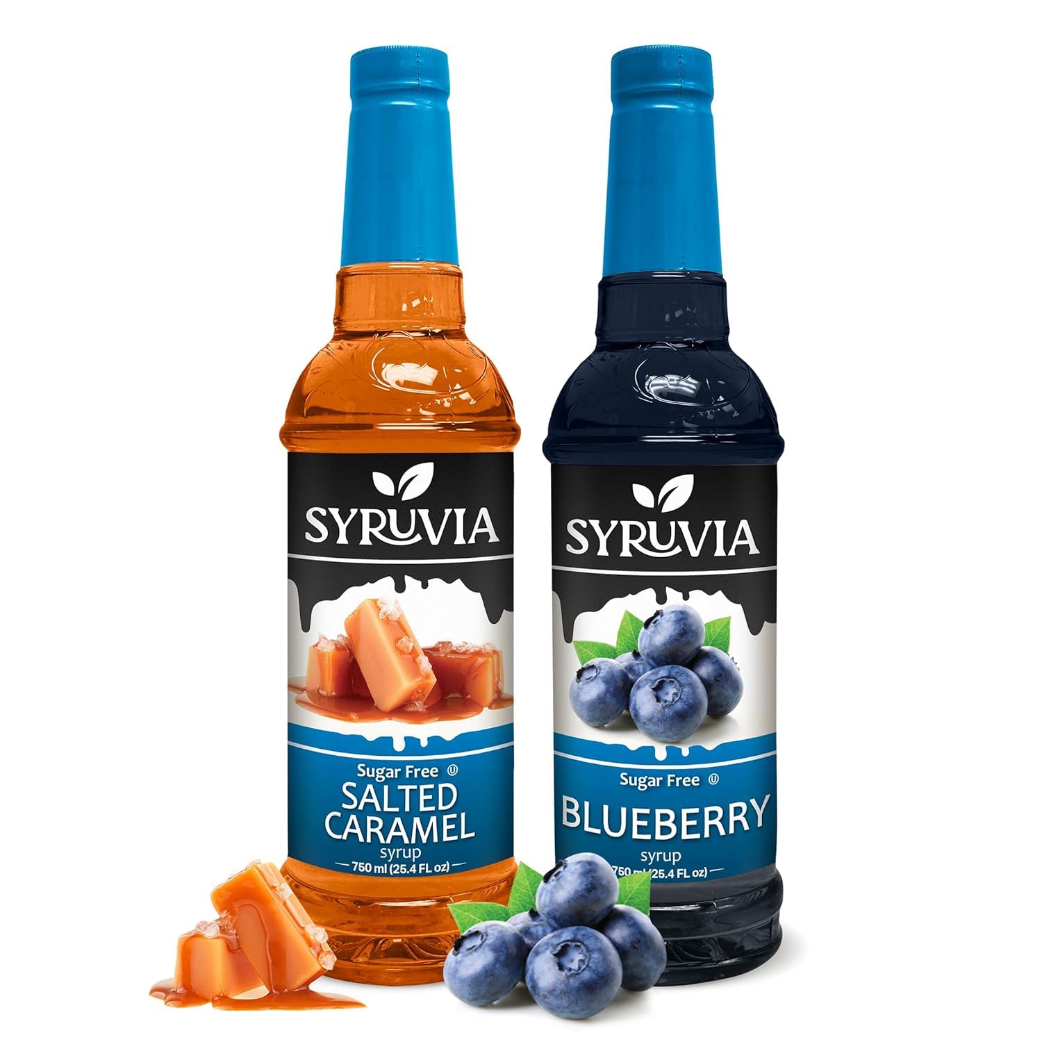Syruvia Sugar-Free Salted Caramel & Sugar-Free Blueberry Syrup - 25.4 fl oz. Premium Coffee Flavoring Syrup. 0 Calories, Kosher, and Gluten-Free. Perfect for Drinks, Sodas, Shakes, Desserts, and More.