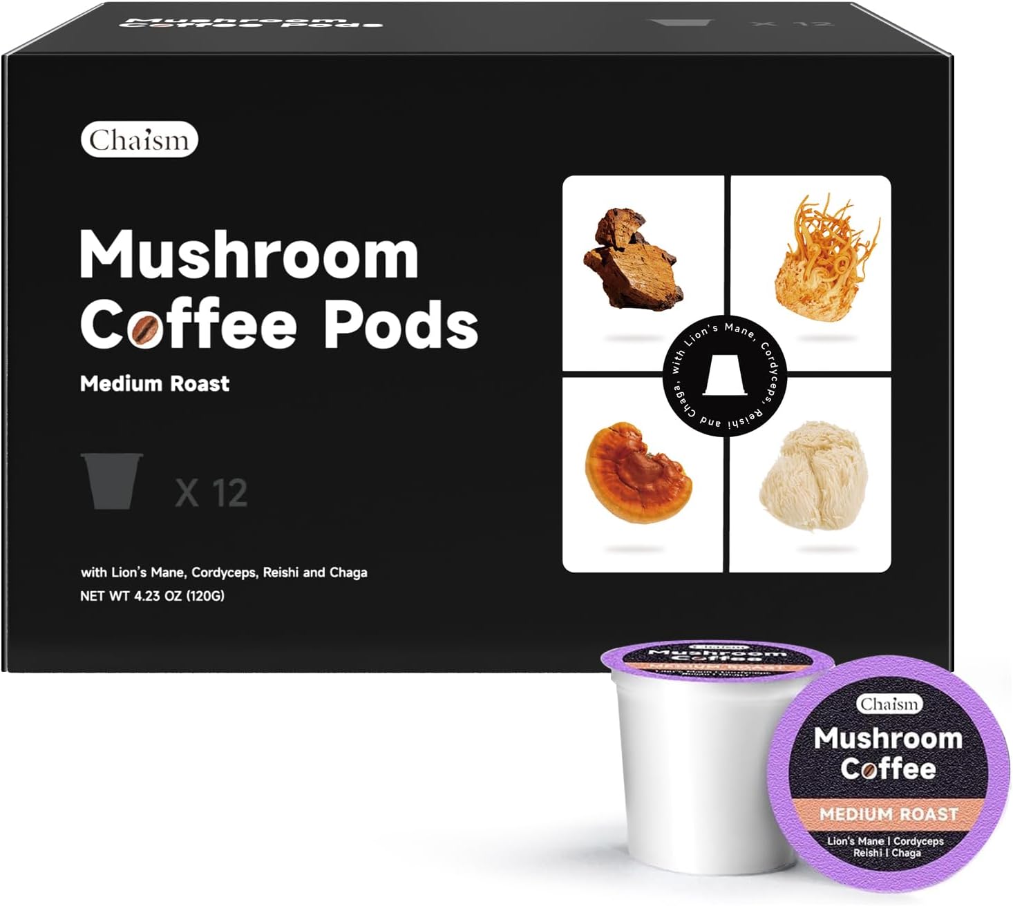 Chaism Mushroom Coffee Pods - Arabic Coffee with Lions Mane, Cordyceps, Reishi, Chaga for Focus & Energy Boost, Sugar-Free, Fat-Free, 12 Counts