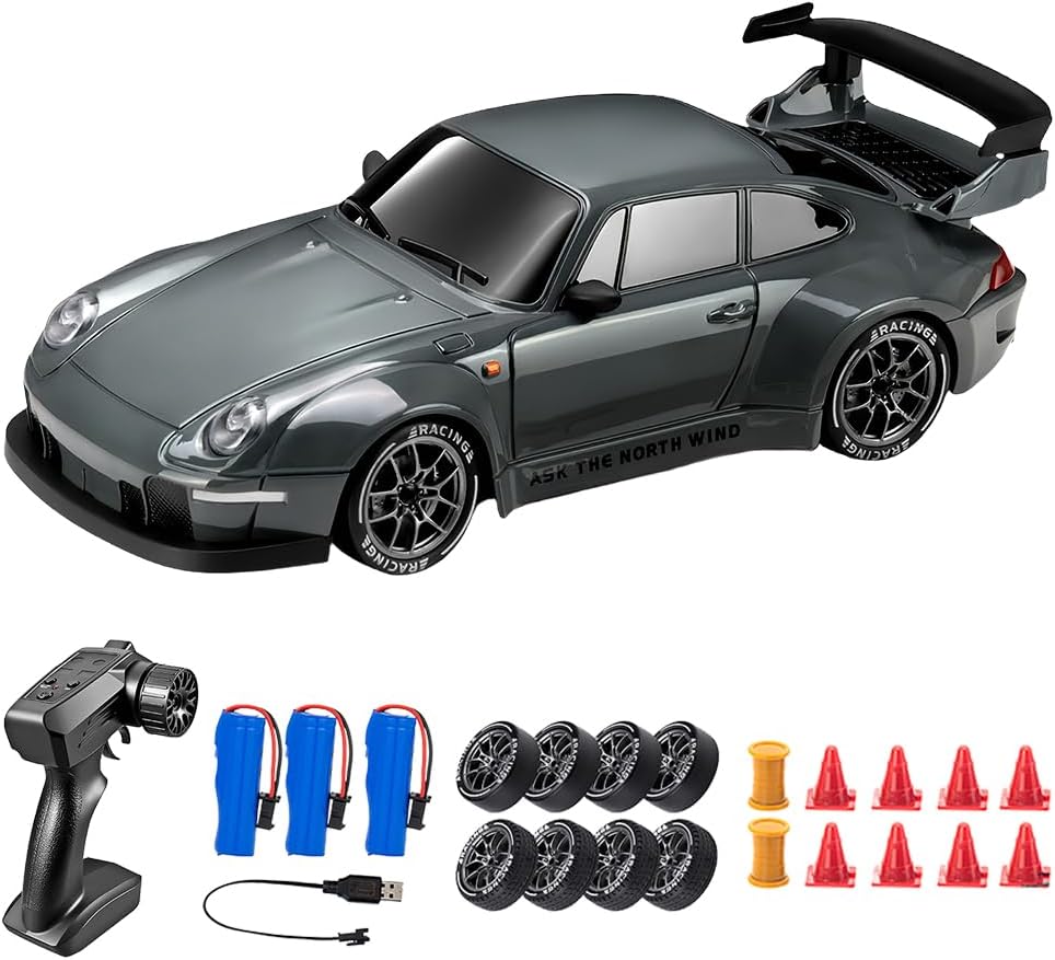 Vmxlso RC Drift Car, 1:24 Remote Control Car, 2.4GHz, 20km/h High Speed 4WD, with LED Lights, 2 Speed Modes, Racing and Drifting Tires, 3 Batteries, Mini RC Drift car Toy Gifts for Kids