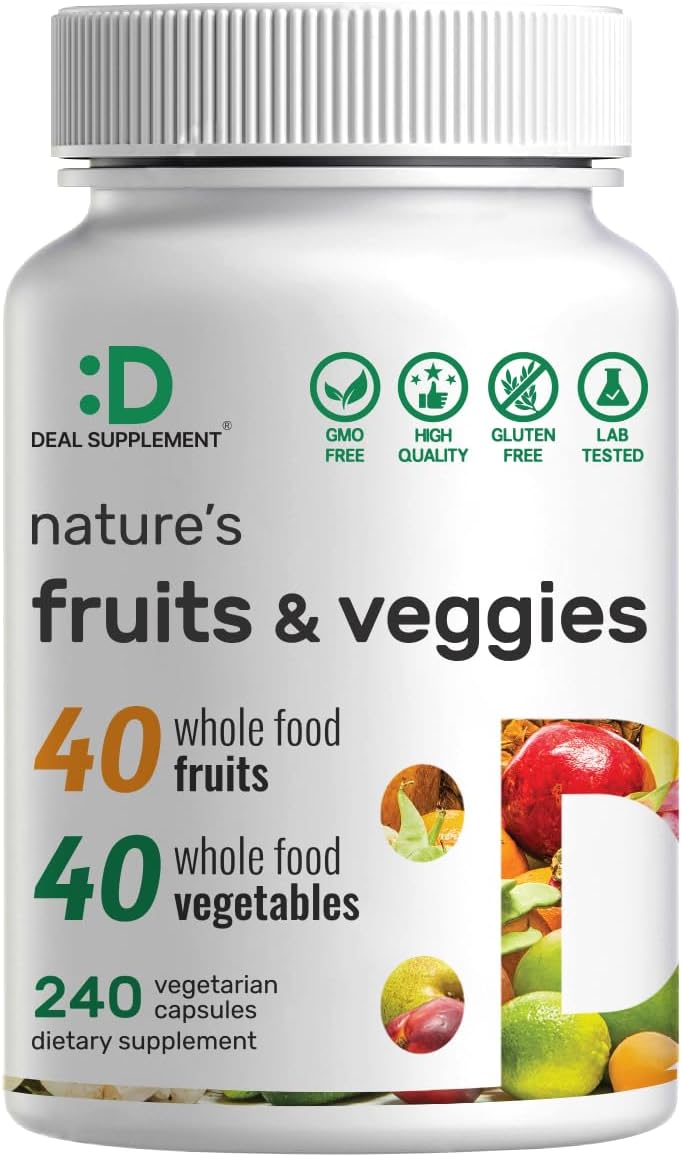 Nature’s Fruits & Veggies Supplement, 240 Veggie Capsules – 80 Whole Food Superfoods for Daily Balance – 40 Fruits with 40 Vegetables and Greens – Non-GMO, Gluten Free