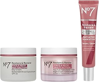 No7 Restore & Renew Face & Neck Multi Action Skincare System - SPF 30 Face Moisturizer & Anti-Aging Facial Serum For Deep Wrinkle Repair + Hydrating Night Cream with Hyaluronic Acid - (3 Piece Kit)