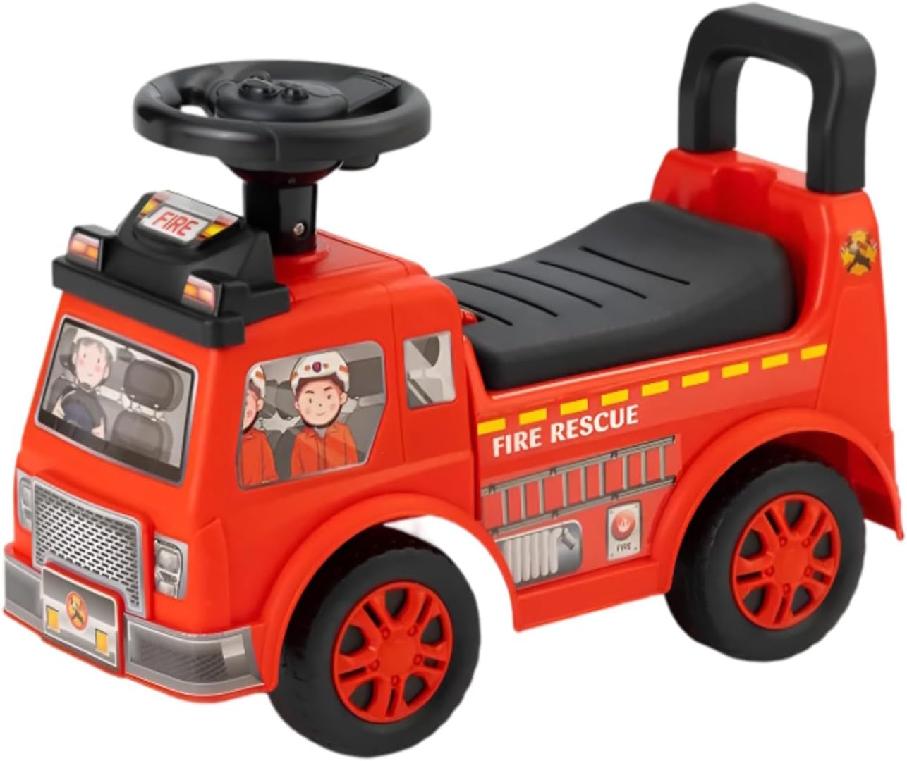 Ride On Fire Engine Car for Toddlers – Push Along Foot to Floor Sit and Scoot Fire Truck – Indoor Outdoor Kids Ride-On with Steering Wheel Horn & Sounds – Sturdy Plastic Rescue Vehicle Toy