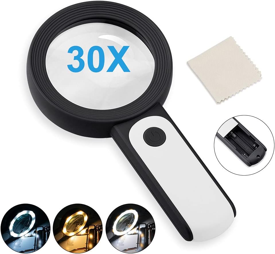 Magnifying Glass with 18 LED Lights, 30X Handheld Large Magnifying Glass with 3 Modes, Illuminated Magnifier Glass for Seniors Read, Coins, Stamps, Map, Inspection -with a Lens Cloth (Black)