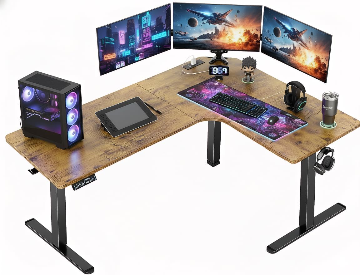 HUANUO 63″ Dual Motor L-Shaped Standing Desk, Built-in Power Outlets, Electric Height Adjustable Corner Computer Desk, Large Power Strip Holder, Sit Stand Up Desk with 3 Preset Heights, Vintage Brown