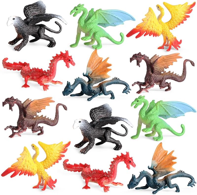EOIVSH Mini Dragon Toys Figures - 12pcs Ancient Flying Dragon Figurines for Boys Girls, Mythical Action Figure Kid Toys, Cupcake/Cake Topper & Party Favors