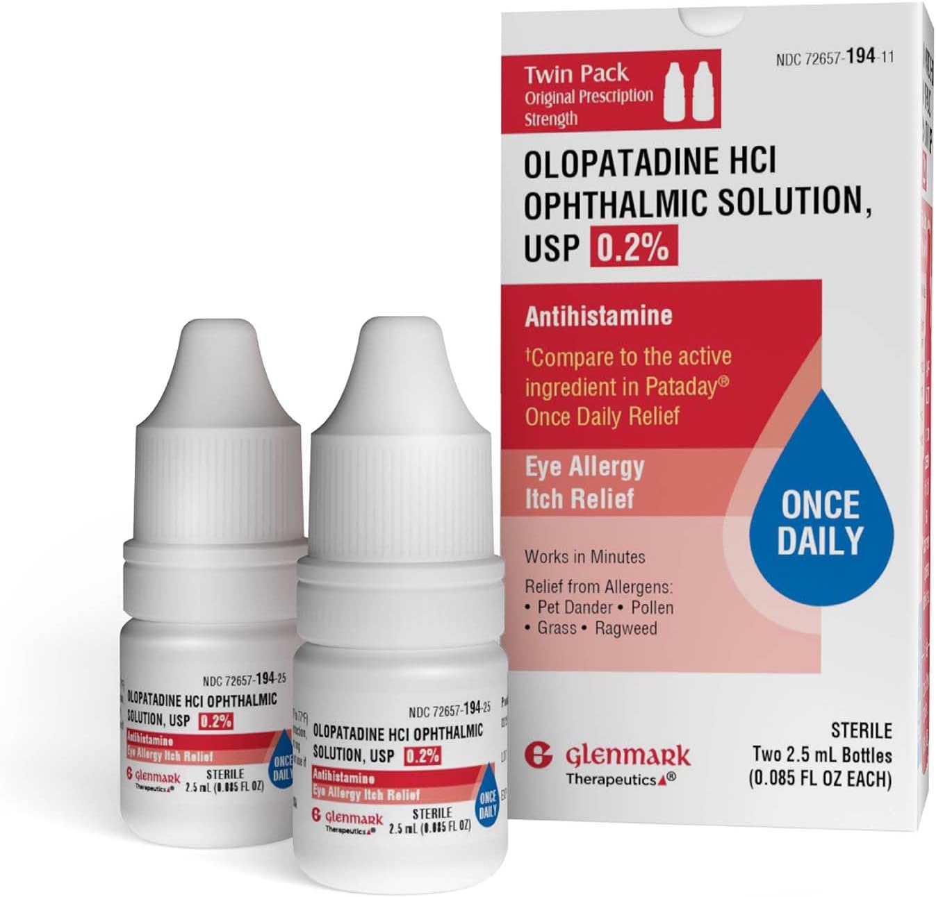 Once Daily Olopatadine Eye Drops for Allergies, Redness Relief, Antihistamine, Allergy Relief from Pet Dander, Pollen, Grass, Ragweed, Olopatadine HCl 0.2%, 2.5ml (Twin-Pack)