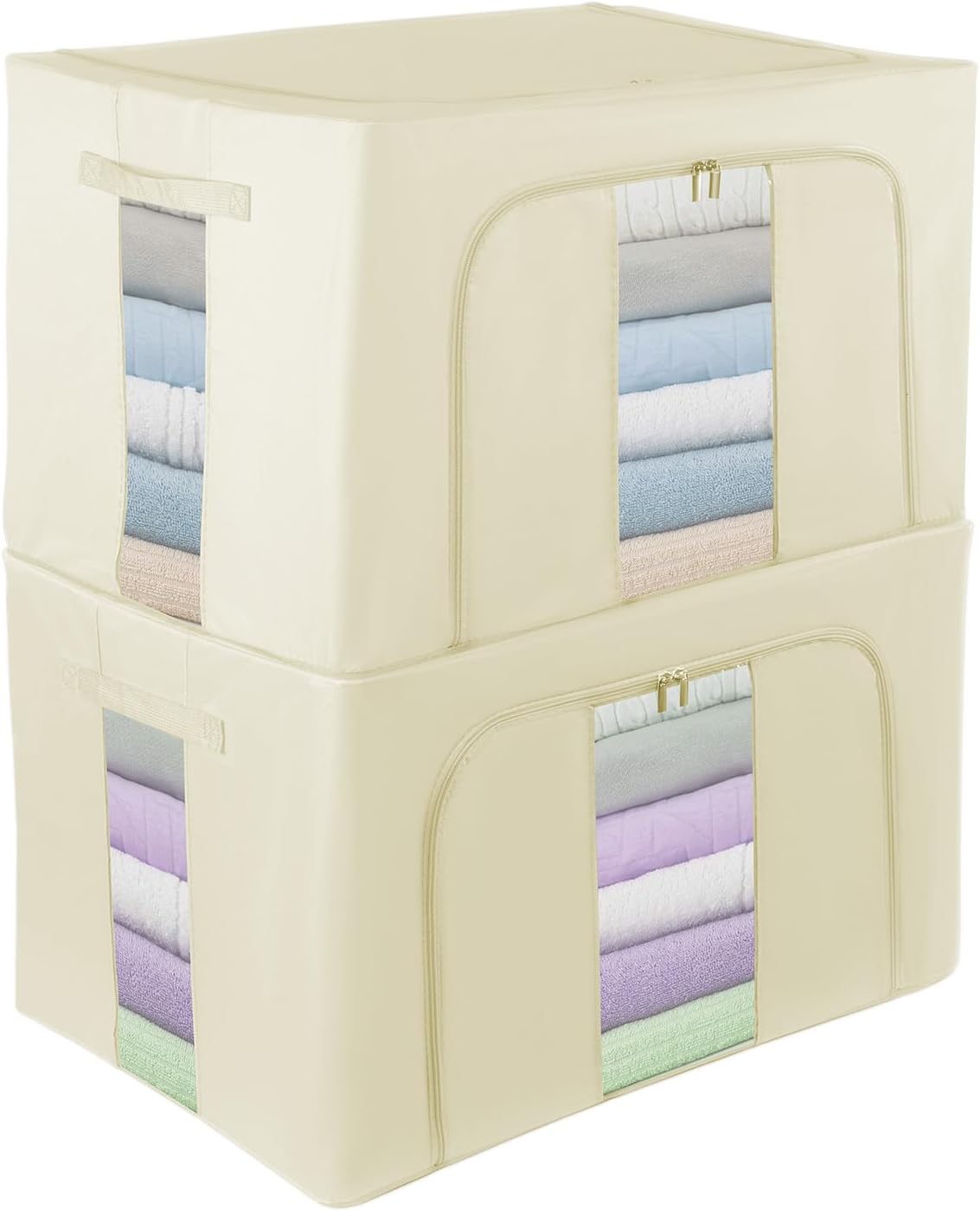 2 Pack Closet Organizers and Storage, Foldable Oxford Steel Frame Storage Box with Clear Window & Carry Handles, Stackable Storage Bins Boxes for Clothes & Beddings & Blankets-Khaki 100L