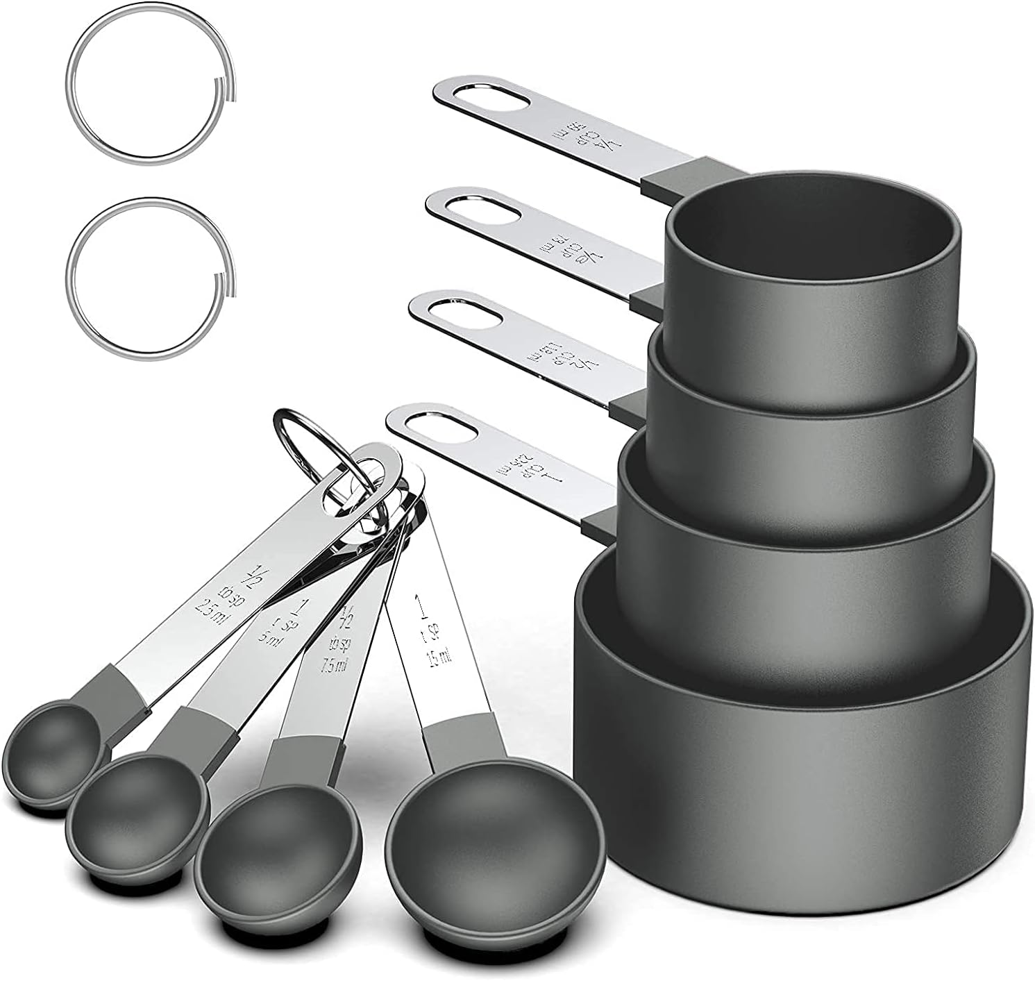 8 Pcs Measuring Cups and Spoons Set, Stackable Stainless Steel Handle Accurate Tablespoon for Measuring Dry and Liquid Ingredients Small Teaspoon with Plastic Head (Black)