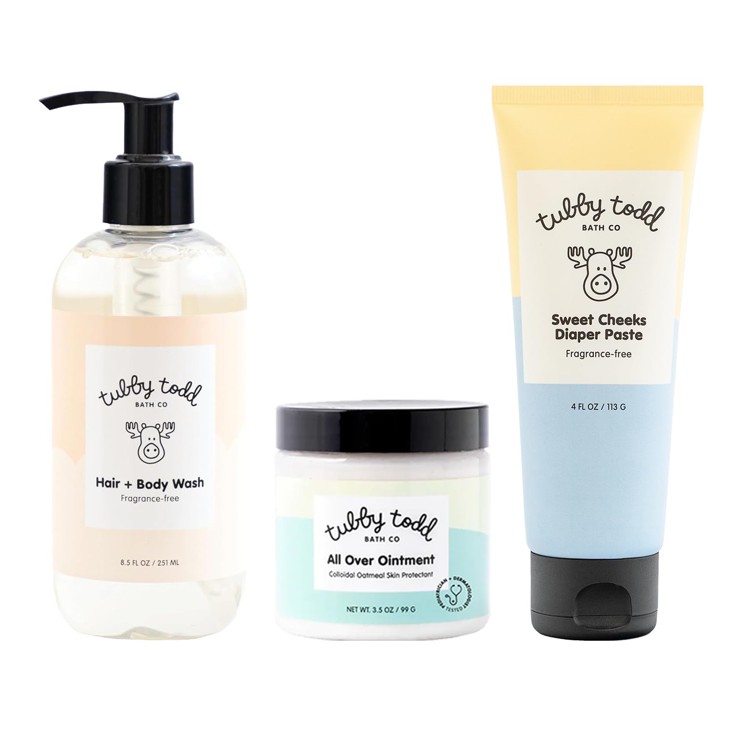 TUBBY TODD Baby Bundle Newborn Skin Care Set - Hypoallergenic Hair + Body Wash, All Over Ointment with Colloidal Oatmeal, Sweet Cheeks Diaper Paste - Fragrance Free, Standard Size