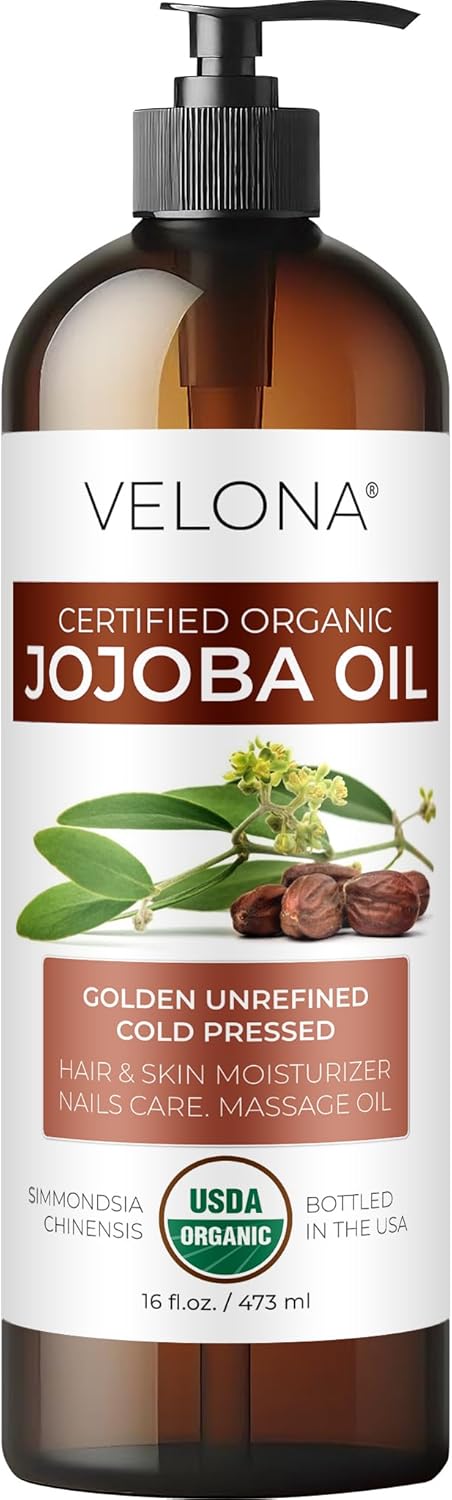 velona Jojoba Oil USDA Certified Organic - 16 fl oz (With Pump) | 100% Pure and Natural | Golden, Unrefined, Cold Pressed, Hexane Free | Moisturizing Face, Hair, Body, Skin Care