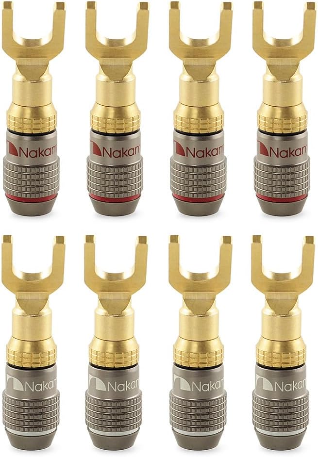 Nakamichi FanLock Excel Series 24k Gold Plated Spade Connector Banana Plug 10 AWG - 18 AWG Gauge Size 4mm for Speakers Amplifier Hi-Fi Home Theatre Wire Cable Quick Connector, 8 Pcs (4-Pairs)