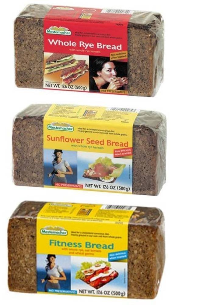 Mestemacher Natural High Fiber Bread Variety Pack – Fitness, Rye & Sunflower Seed – Whole Grain, Vegan, Non-GMO, Kosher – 17.6 oz Each (3-Pack)