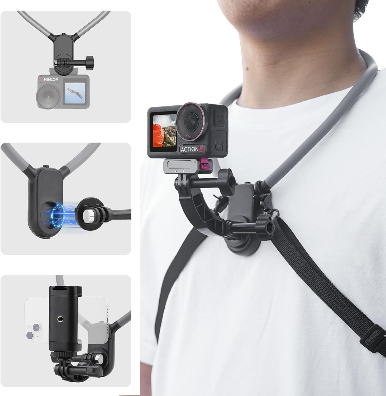 BRDRC POV Neck Mount for GoPro, Camera Necklace Holder Magnetic with Phone Clip for DJI OSMO Action 5 Pro 4 3, Pocket 3, for Insta360 X4 X3 ACE PRO, for iPhone Recording Accessories