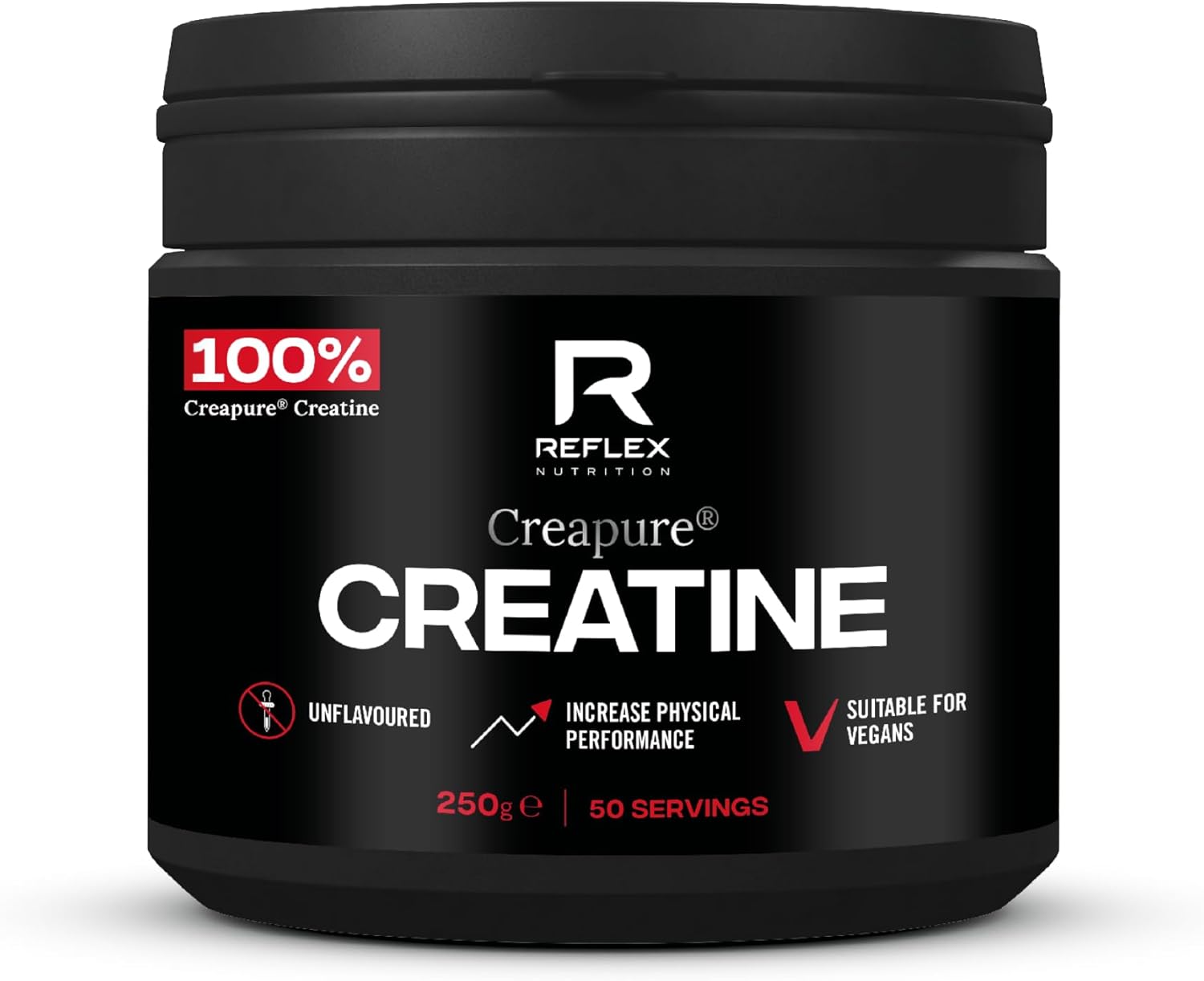 Reflex Nutrition Creapure® Creatine Monohydrate Powder Unflavoured - 100% Creatine for Strength, Muscle Gains & Recovery - No Fillers or Additives - 250g (Vegan Creatine 5g per Serving, 50 Servings)