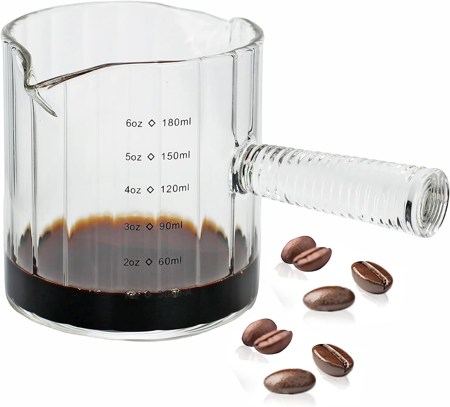 Glass Espresso Cup 6 OZ, Double Shots Measuring Cup with Glass Handle for Dishwasher Safe, Double V-Shaped Spout Milk Frothing Pitcher, Coffee Accessories