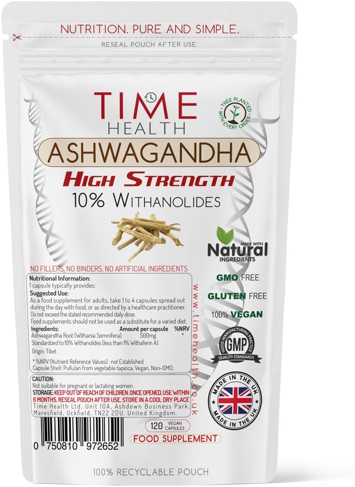 Ashwagandha - 10% Withanolides - HIGH Strength - Maximum Benefits - UK Manufactured - Zero Additives - Pullulan (120 Capsules)