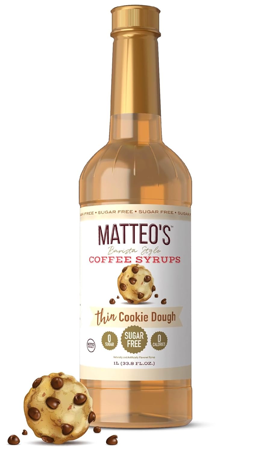 Matteo's Barista Style Sugar-Free Coffee Syrup, Cookie Dough Flavor, Zero Calories and Sugar, Keto Friendly, Ideal for Lattes, Cappuccinos, Espresso, Americano, Indulgent Taste 33.8 Oz, 1-Pack