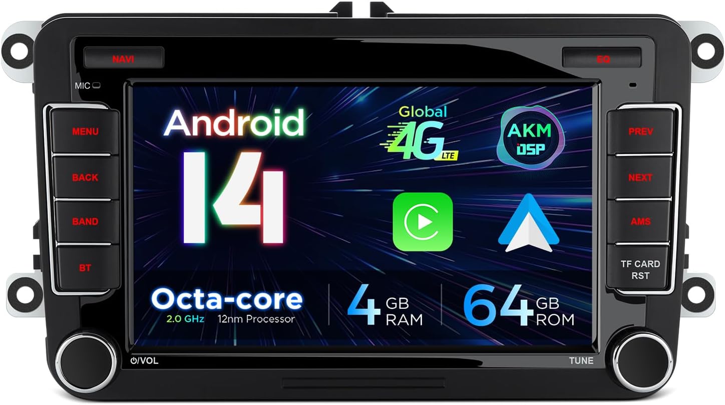 XTRONS 7" Android 14 Car Stereo 4+64GB for VW Candy Golf Jetta Passat Polo Skoda Seat, Radio Player Built-in 4G ASM DSP 2K CarAutoPlay Android Auto GPS Navigation Bluetooth 5.0 New UI, Optional DAB+