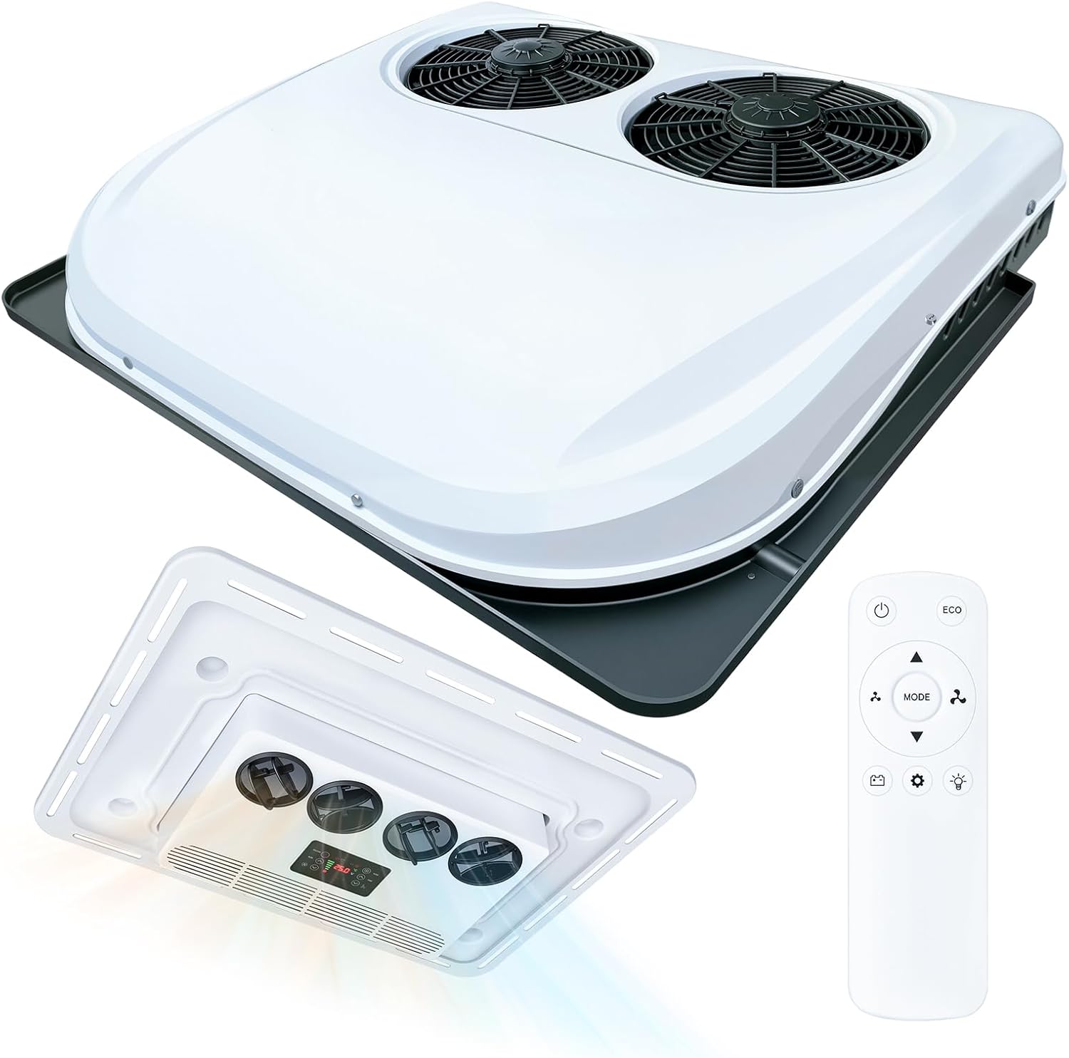 DC 24V RV rooftop air conditioner dual fan fast cooling ultra-thin ductless remote control energy-saving air conditioners unit is fit for RVs trucks trailers campers vans large vehicles RV AC unit. ﻿