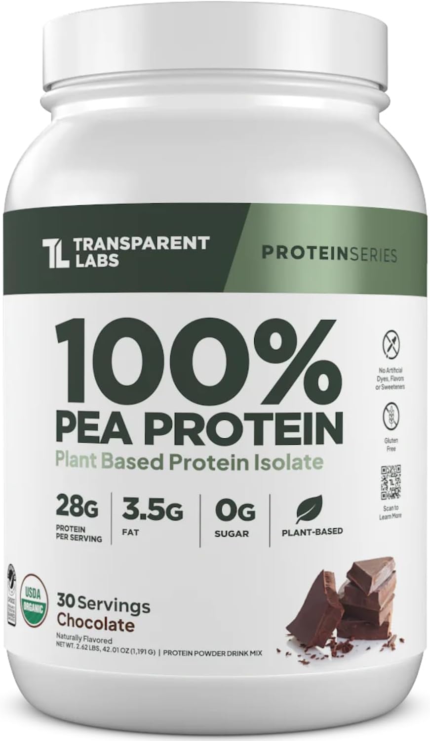 Transparent Labs 100% Pea Protein Powder - 28g Organic Plant Protein per Serving, Clean Pea Isolate Powder, USDA Organic, Vegan, Gluten-Free, Sugar-Free, Non-GMO - 30 Servings, Chocolate