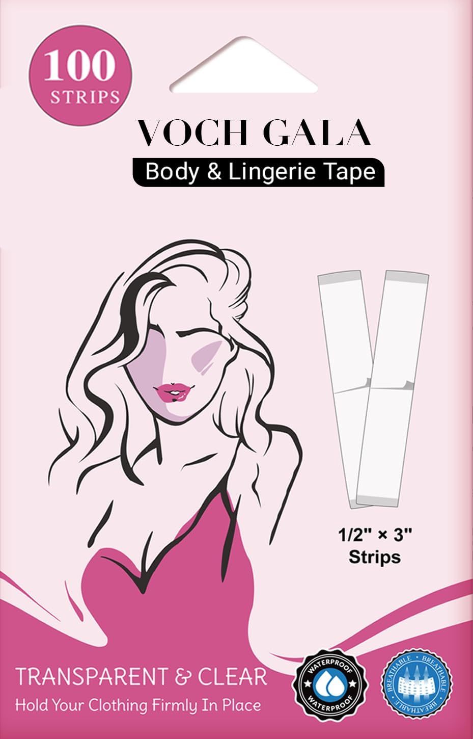 VOCH GALA Double Sided Tape for Clothes & Body (100 Strips) – All‑Day Hold Lngerie Tape for Dresses | Hypoallergenic Body Tape for Sensitive Skin | Medical‑Grade Adhesive, Low Residue