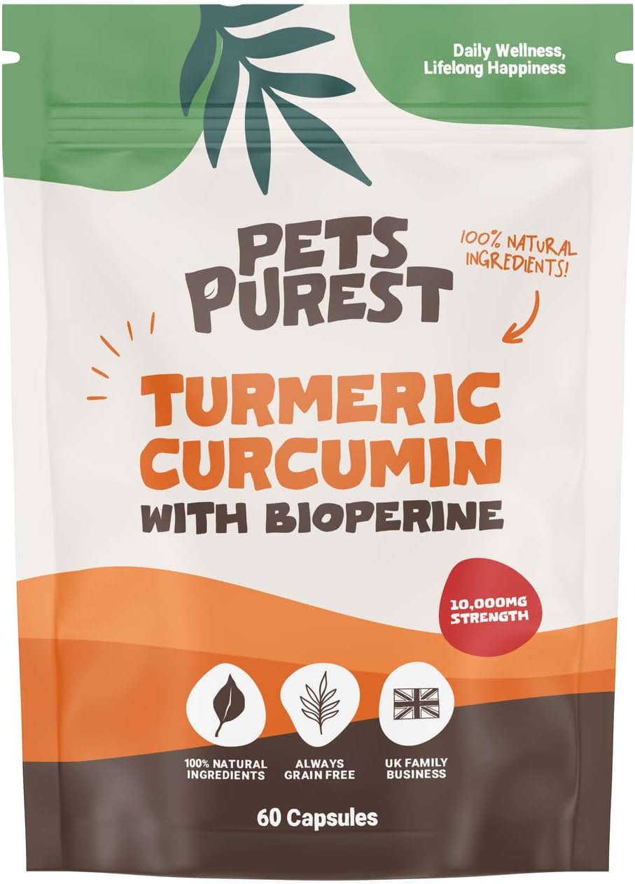 Pets Purest 100% Natural Premium Turmeric For Dogs 10,000mg with Active Bioperine Cats, Horses & Pets Powerful Antioxidant Supplement For Joints & Hips 60 capsules