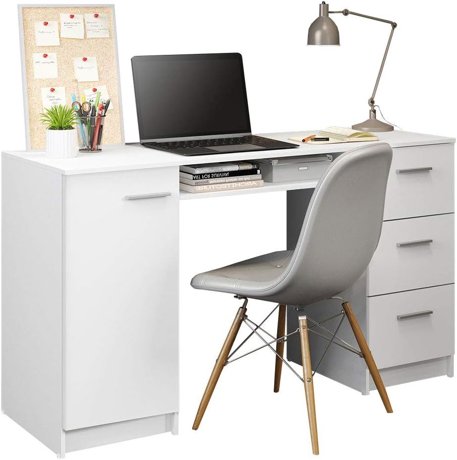 Madesa Modern Office Desk with Storage Drawers 53 inch, Study Desk for Home Office, Simple Style PC Table with 3 Drawers, 1 Door and 1 Storage Shelf (White)
