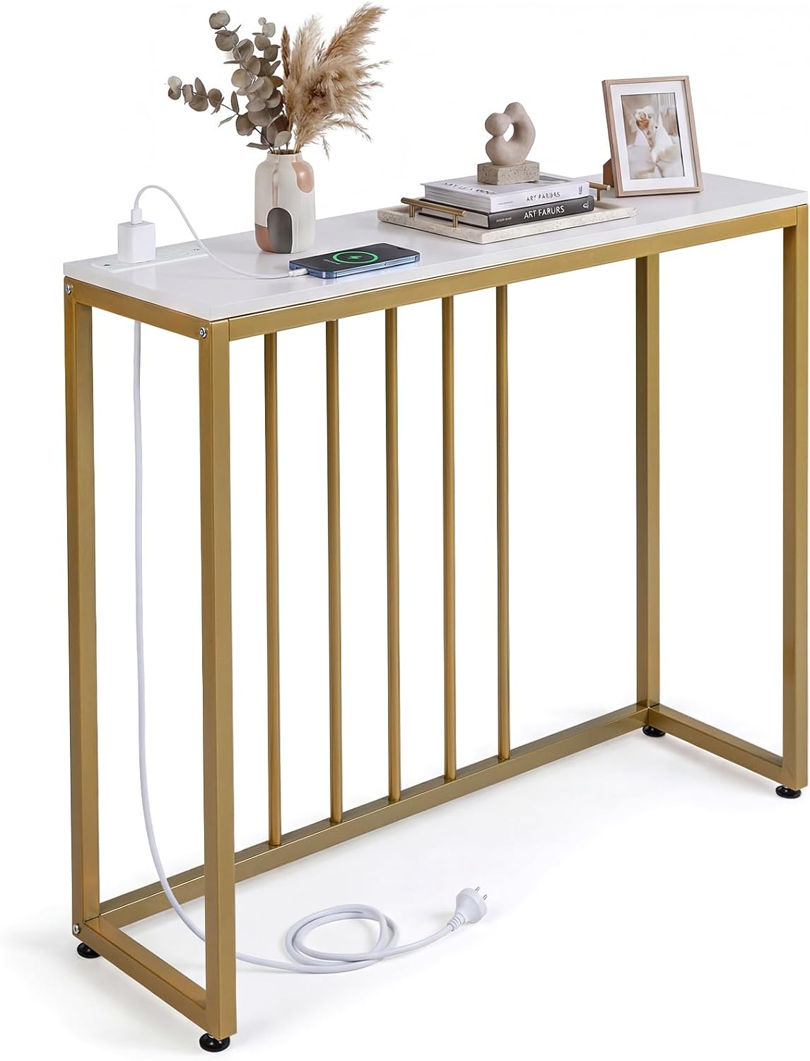 COSTWAY Console Table with Charging Station, Narrow Entryway Table with Power Outlets, Metal Frame Slim Behind Couch Sofa Tables for Hallway, Foyer and Living Room, 100x30x81cm (White+Gold)