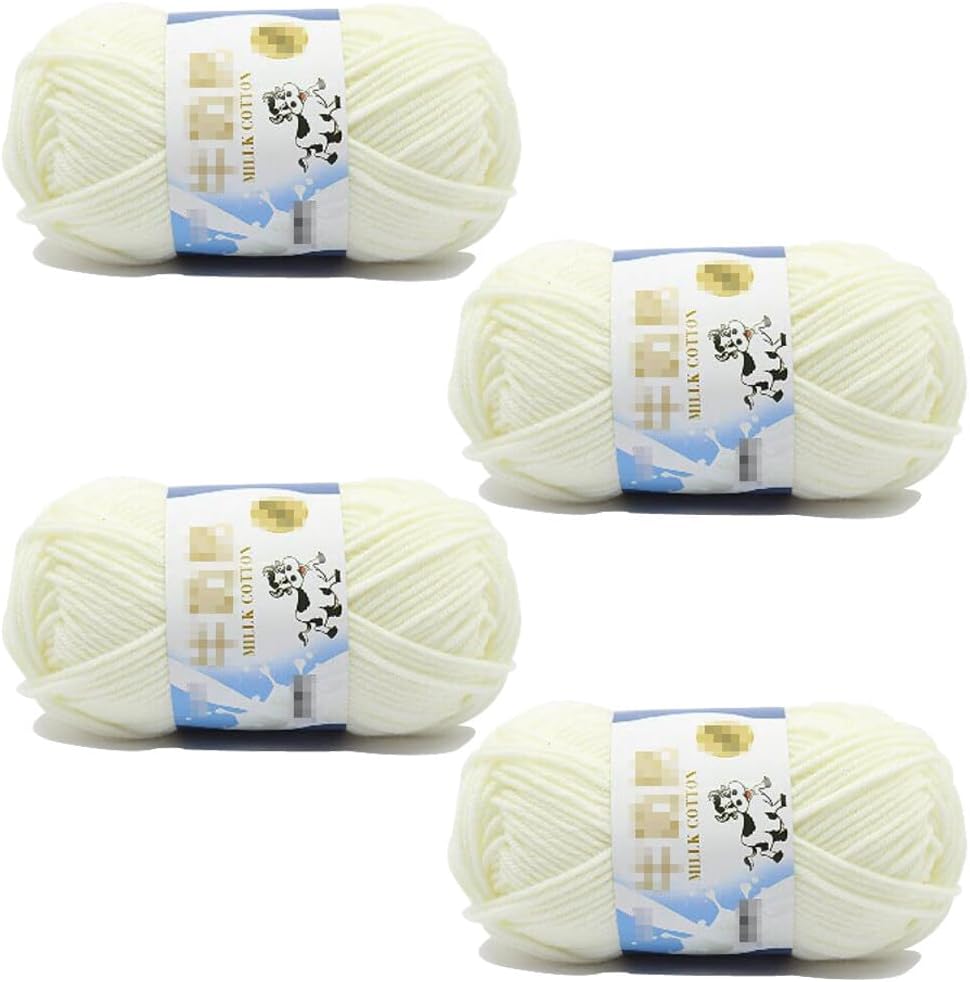 4 Rolls Cotton Blend Milk Yarn Fabric Wool Crochet Knitting Supplies Acrylic Crochet Yarn Soft Crochet Blend Milk Cotton Yarn Plain Knitting Wool for Handcrafts Jumpers Blankets Weaving (White)