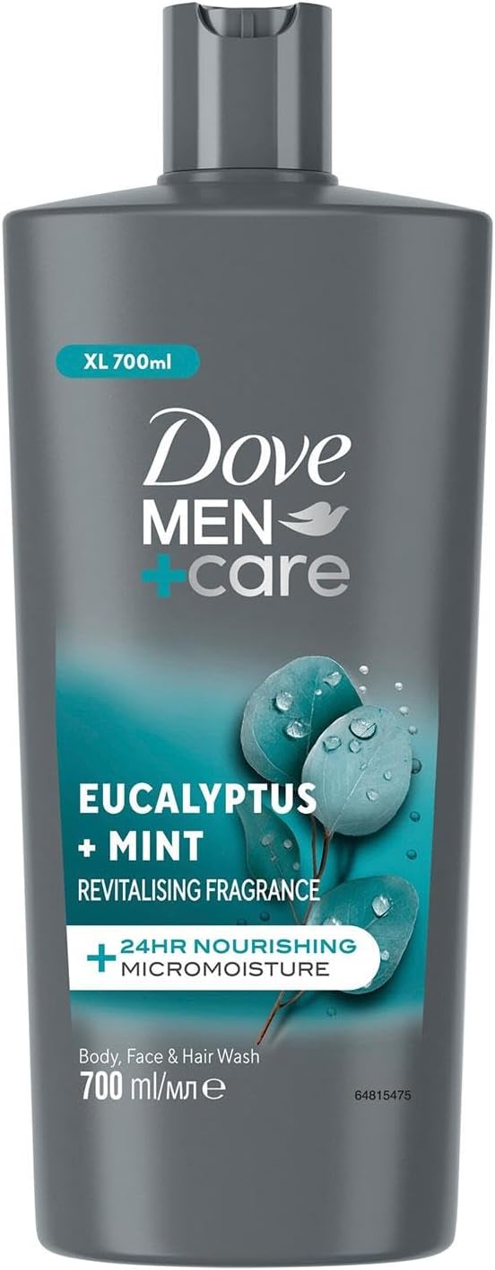 Dove Men +Care Eucalyptus + Mint 3-in-1 Hair, Face and Body Wash Body Cleanser Shower Gel, 24 Hour Micro Moisture Technology Invigorate and Refreshing 700 ml