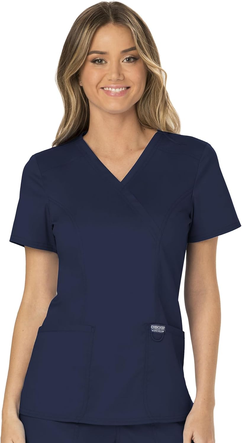 Cherokee Scrubs Top for Women Mock Wrap with 3 Pockets, Soft, 2-Way Stretch & Durable Fabric - WW610