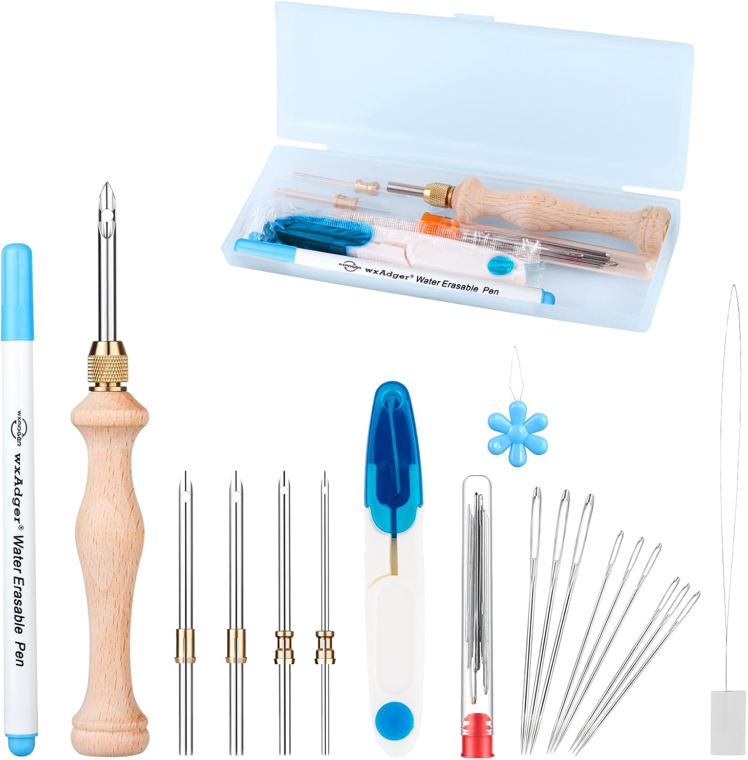 Punch Needle Kit Includes 1.6mm-2mm-2.5mm-3.5mm-5mm Needle,5 Size Metal Needles,Punch Needle Tool for Adult Beginner,Perfect for DIY Craft Decoration&Gift(Blue)