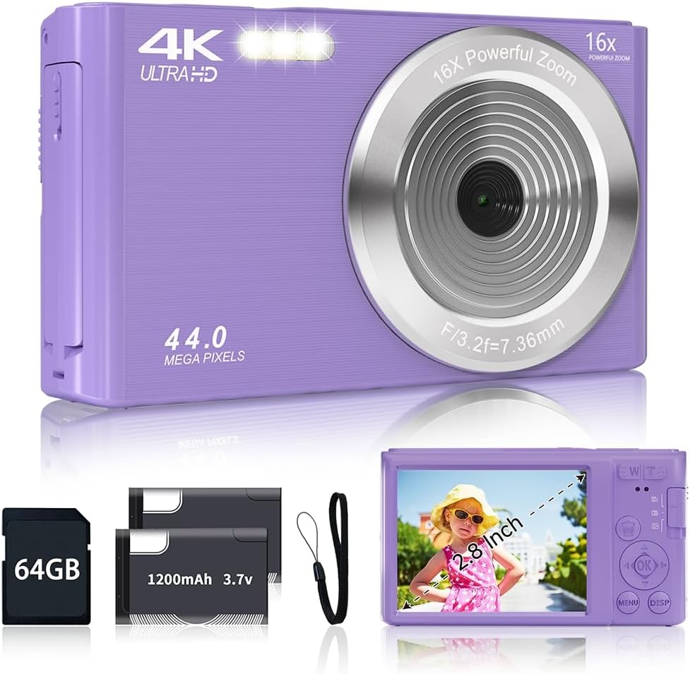 Digital Camera for Teens, FHD 4K 44MP Digital Camera Purple with 64GB SD Card 16X Digital Zoom, Cameras for Photography Compact Point and Shoot Camera for Teen Boys Girls Kids Camera Digital Purple