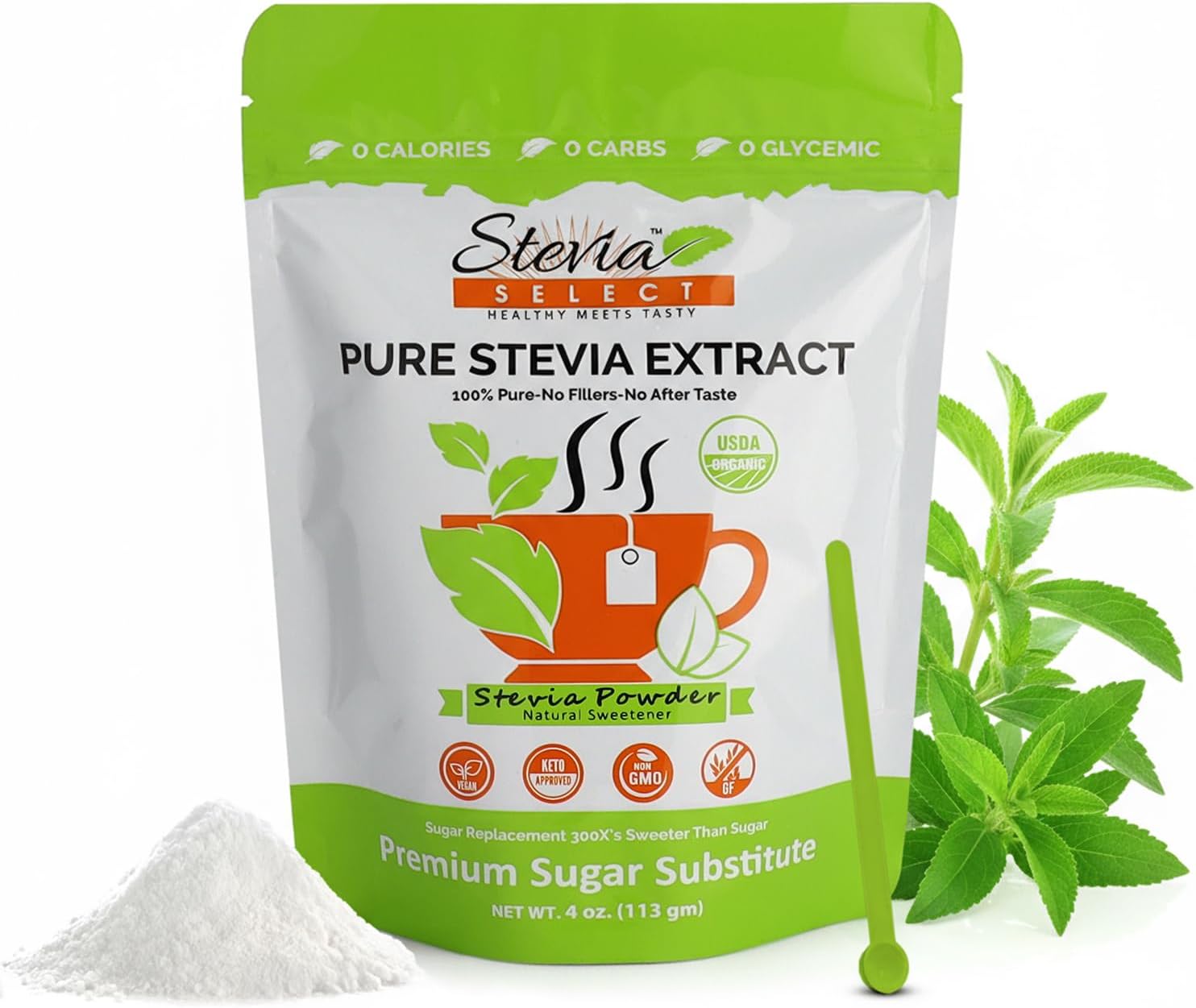 Stevia Select Organic Stevia Powder - Sugar Free Plant Based Stevia Sweetener Non GMO Pure Stevia Extract - Sugar Substitute No Additives Zero Calorie 4 Oz