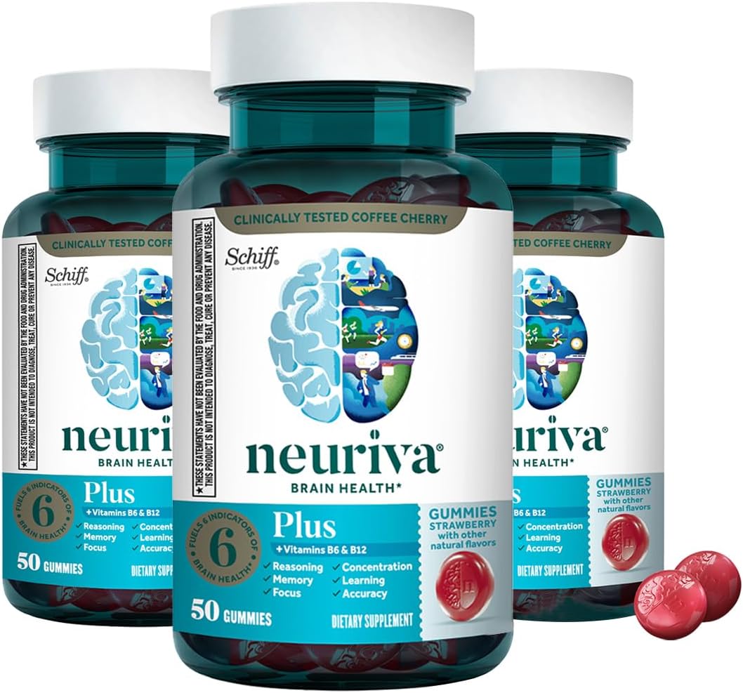 NEURIVA Plus Brain Supplement for Memory, Focus & Concentration + Cognitive Function with Nootropics Phosphatidylserine and Neurofactor, VIT B6 & B12, Strawberry Flavor, 50 Gummies (3 Pack)