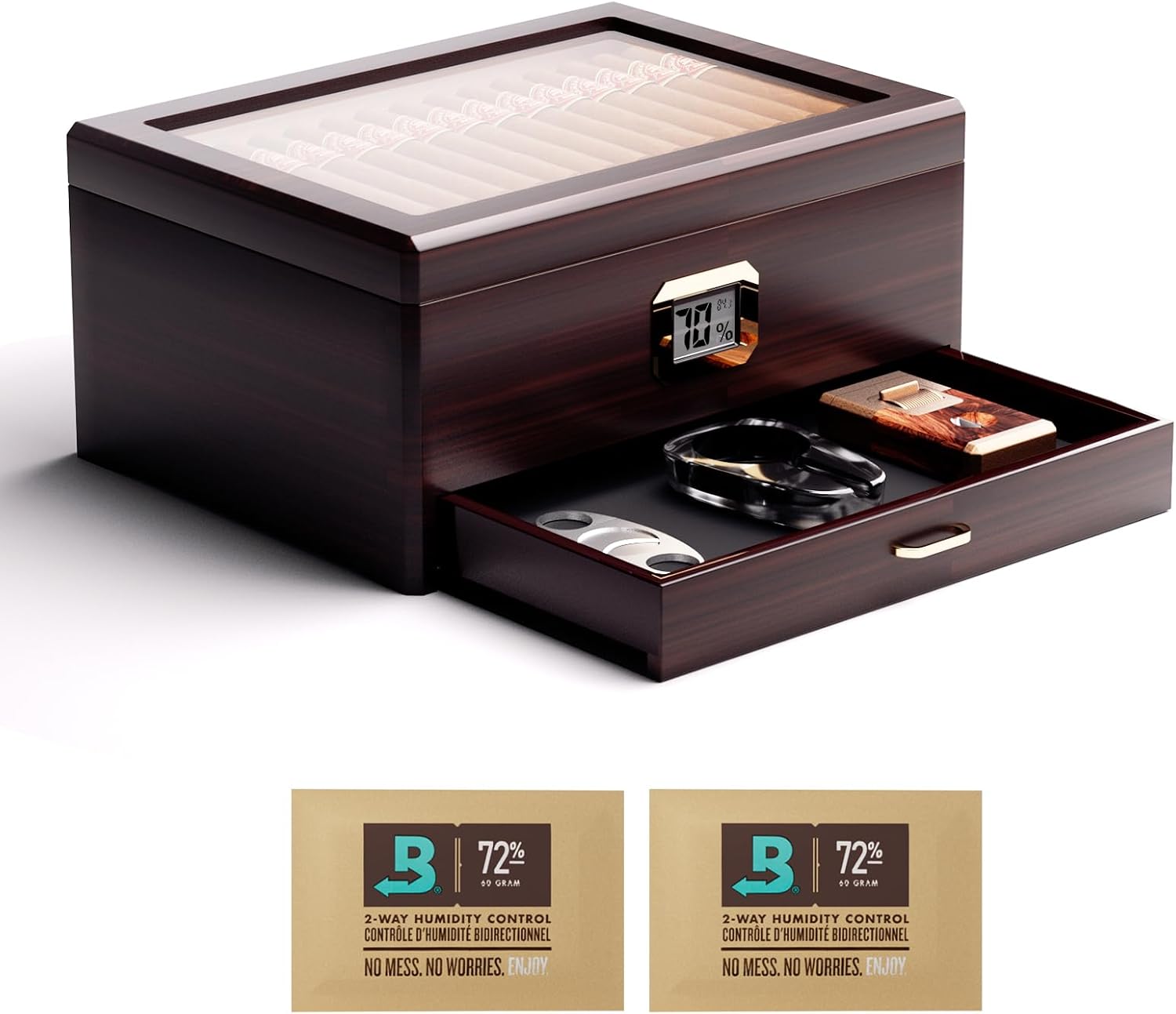 Woodronic Cigar Humidor Upgraded Capacity 80 Counts with Boveda 72% Humidity Packs, Spanish Cedar Wood Tray and Divider, Accessory Drawer & Digital Hygrometer, Desktop Cigar Case Gift for Men
