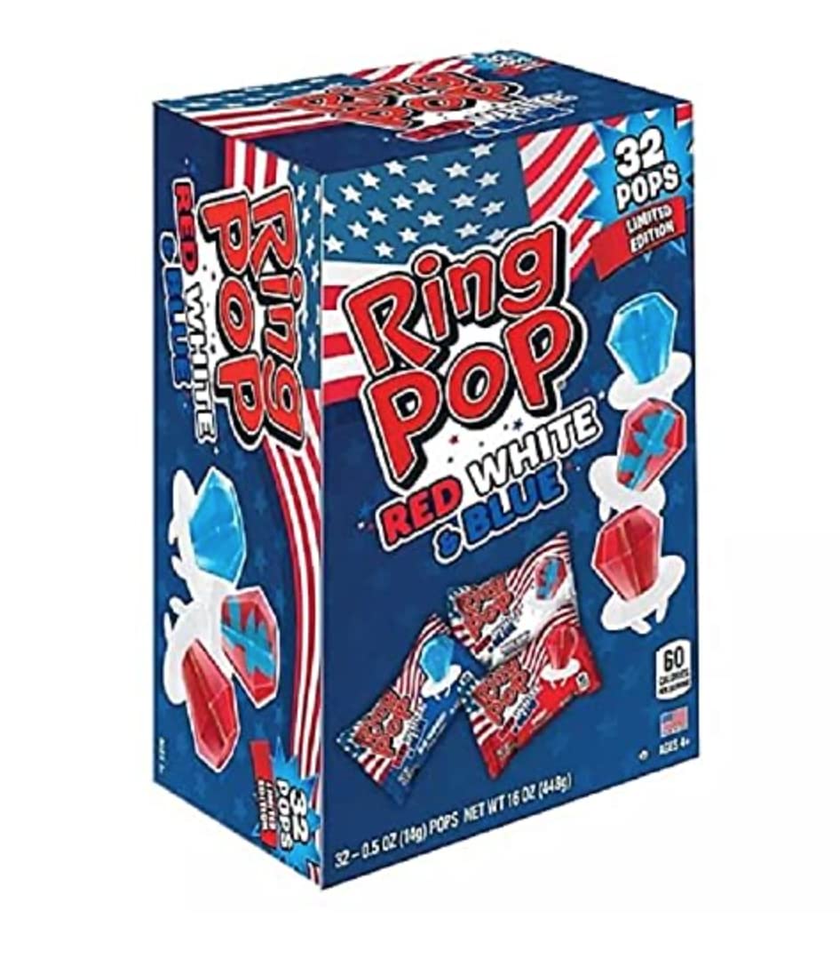 tmp Ring Pop Limited Edition Red, White, and Blue Lollipop Variety Party Pack (16 oz., 32 ct.) (1 Box)