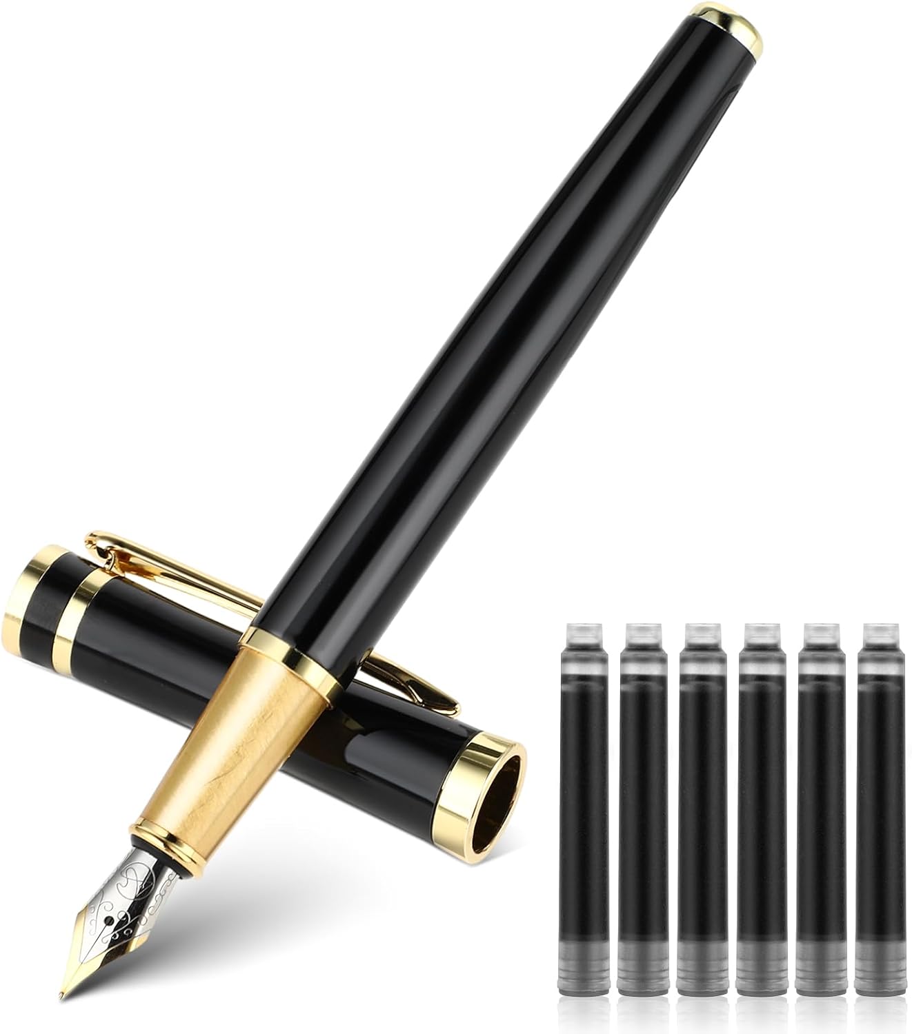 Luxury Metal Fountain Pen Set, 0.5mm Fine Nib Fountain Pen with 6 Pcs 2.6mm Black Ink Cartridges Smooth Writing Pen Gift for Business Office Journaling Men Women