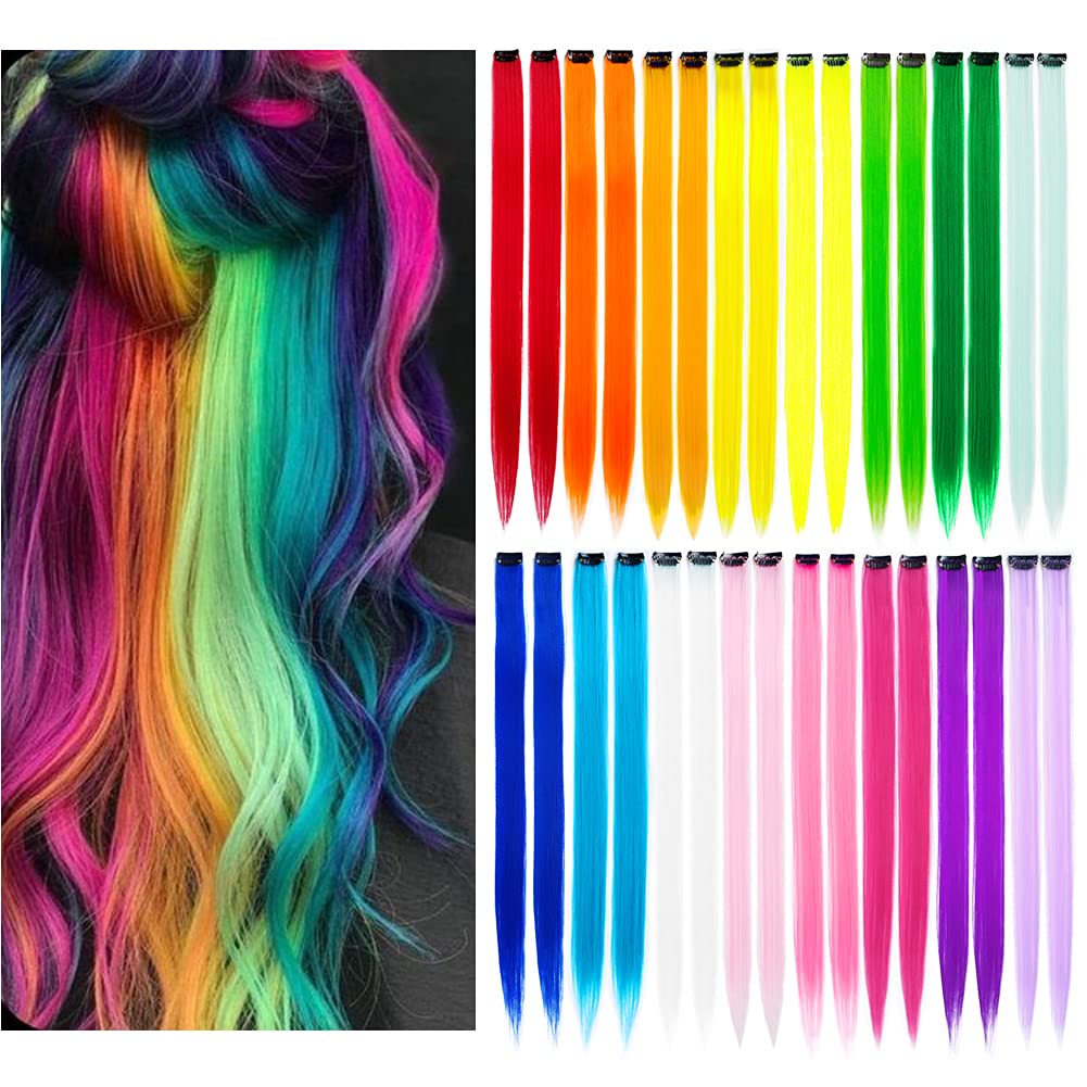 32Packs Colored Hair Extensions 20Inch Straight Color Clip in on Hair Extension Rainbow Party Highlights Synthetic Hairpiece for Girls (16 colors)