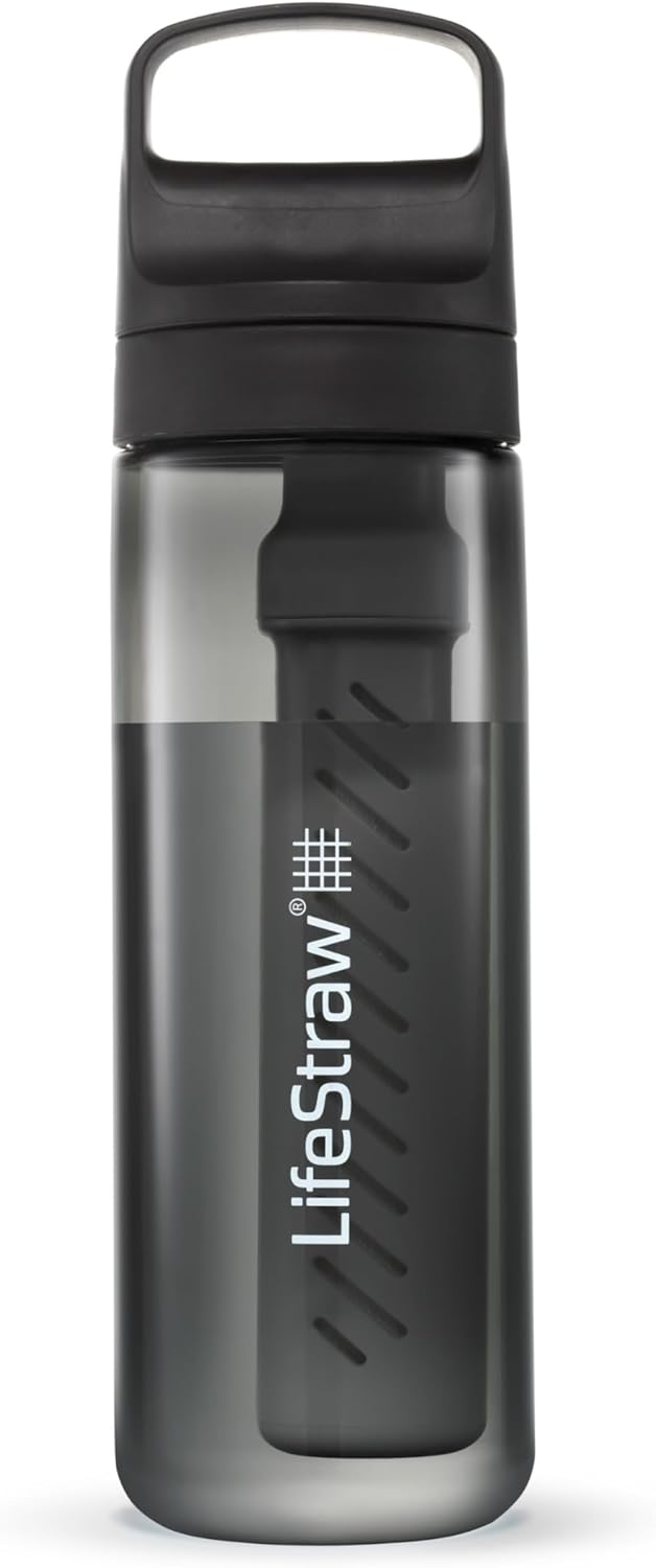 LifeStraw Go Series – BPA-Free Water Filter Bottle for Travel and Everyday use removes Bacteria, parasites and microplastics, Improves Taste, 22oz Nordic Noir