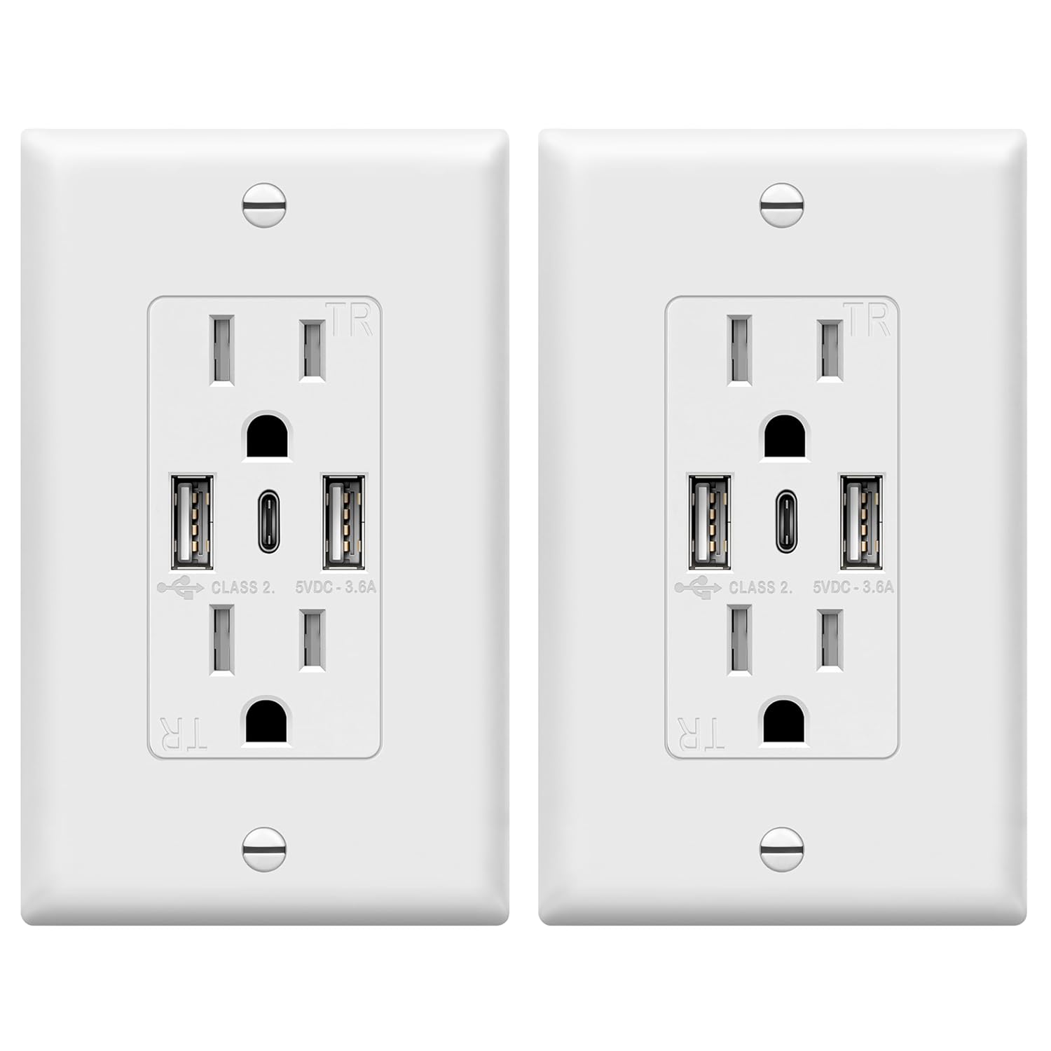 TOPGREENER USB Outlet, 3-Port Type C 3.6A 18W Wall Outlet, 15 Amp Receptacle, Charging Power Outlet with USB Ports, Compatible with iPhone 16 Series & More, UL Listed, TU21536AC3-2PCS, White, 2 Pack