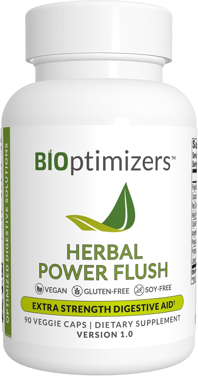 BIOptimizers Herbal Power Flush - Extra Strength Digestive Cleanse - Eliminate Toxins Improve Bowel Digestion - Bloating Discomfort Relief for Adults - 90 Capsules