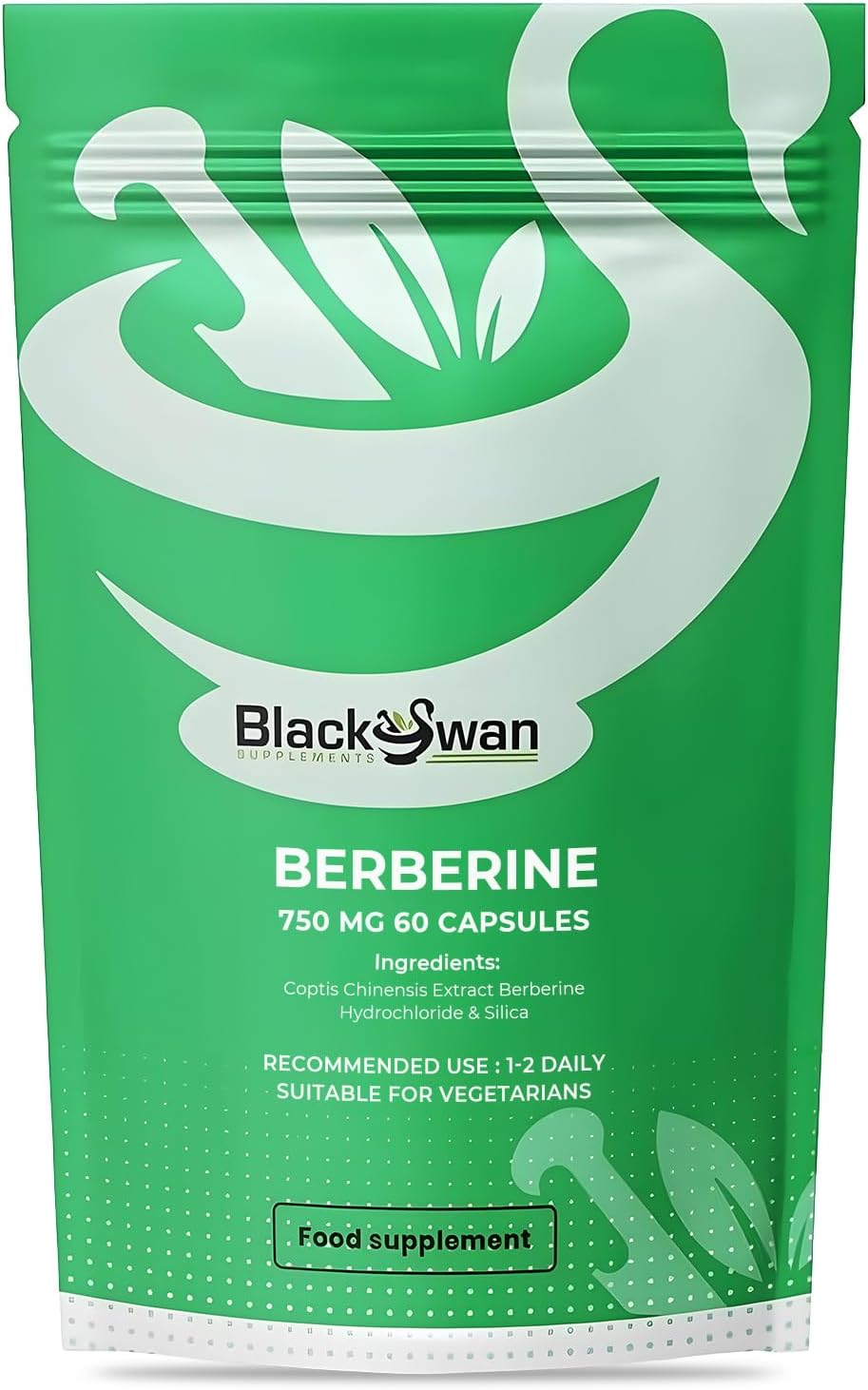 Black Swan Berberine Supplement 750mg Capsules - Pure Berberine HCL High Strength Supplement - Berberine Weight Loss Vegan Formulated Capsule Anti-oxidant and Anti-inflammatory - 60 Capsules