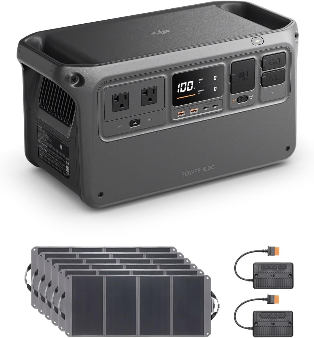 DJI Power 1000 Solar Generator Combo 600W, 4000-Cycle-Life LFP(LiFePO4) Cell, 70-Minute Fast Charging, 2200W Stable Output,Solar Generator for Home Backup, Camping & RVs, Off-grid, Power Outage