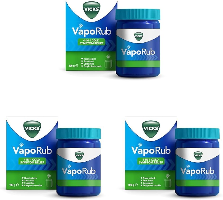 Vicks VapoRub 100 gr, Relief of Cough Cold & Flu Like Symptoms, Relieves 4 Cold Symptoms: Nasal Catarrh, Nasal Congestion, Cough & Sore Throat, Helps You Sleep for Adults & Kids (Pack of 3)