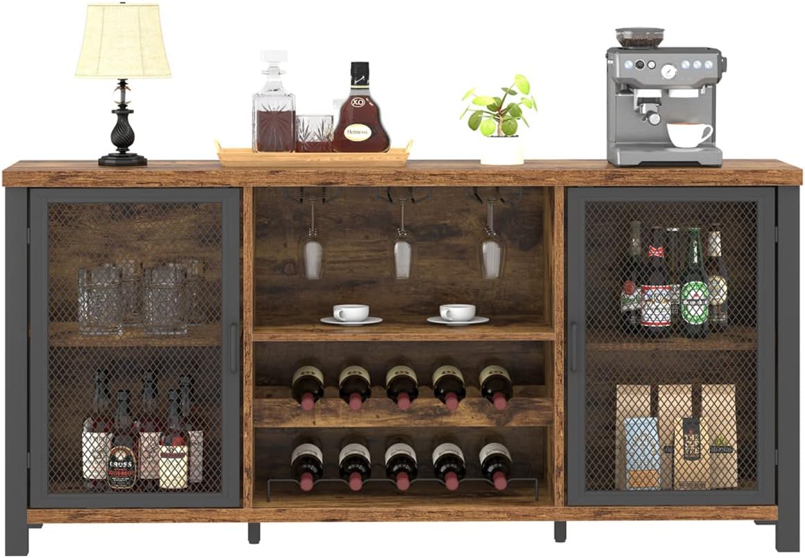 Industrial Coffee Bar Cabinet, Wine Bar Cabinet for Liquor and Glasses, Liquor Cabinet with wine Rack Storage, Wood Metal Sideboard Buffet Cabinet for Home Kitchen Dining, Rustic Brown 55 Inch