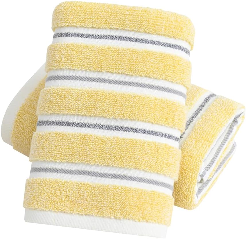 YiLUOMO Yellow Hand Towel Set of 2 Ribbed Striped Pattern 100% Cotton Soft Absorbent Decorative Hand Towel for Bathroom 13 x 29 Inch